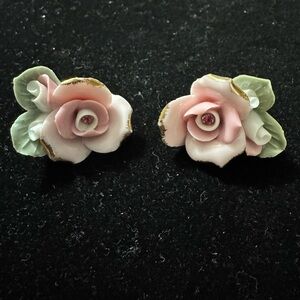 Delicate Vintage Pink Ceramic Rose Clip Earrings With Pink Rhinestone Centers